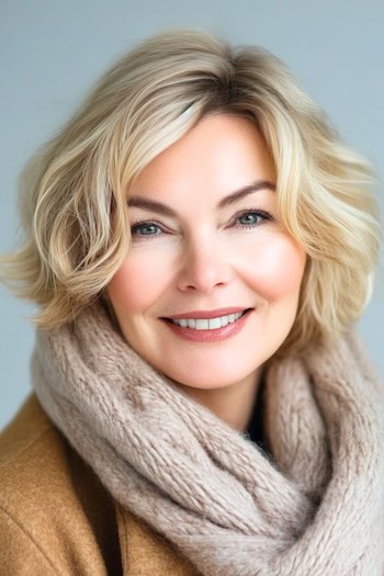 Wavy Bob Hairstyle on a smiling woman with short wavy blonde hair.