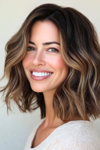 Wavy Layers For Thick Hair Haircut on a smiling woman with brown hair.