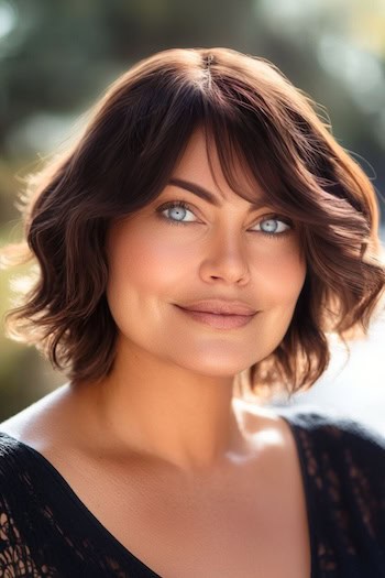 Wavy Layers With Bangs Hairstyle on a woman with short brown hair.