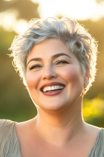 Wavy Pixie Hairstyle on a laughing woman with short gray hair.