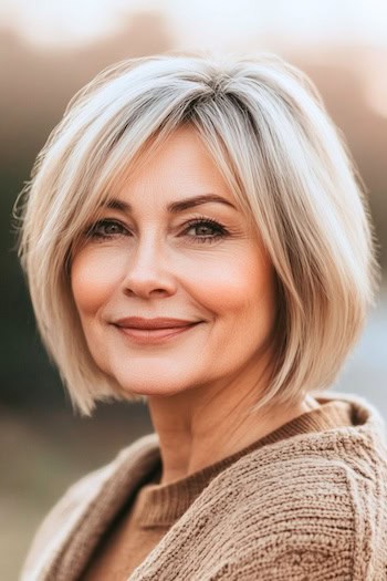 Wispy Bob Hairstyle on a smiling woman with short blonde hair.