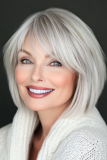 Wispy Icy Silver Bob for Fine Hair Hairstyle on a smiling woman with thin silver hair.