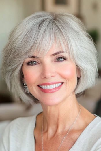 Wispy Layered Bob Haircut on a smiling woman with short gray hair.