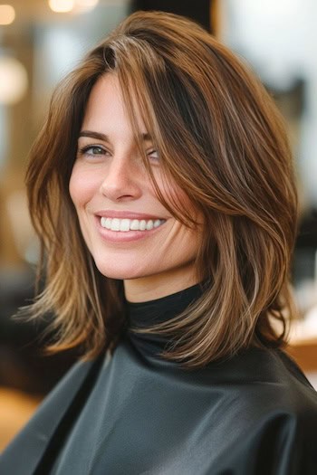 Wispy Layered Long Bob Hairstyle on a smiling woman with brown hair in a hair salon.