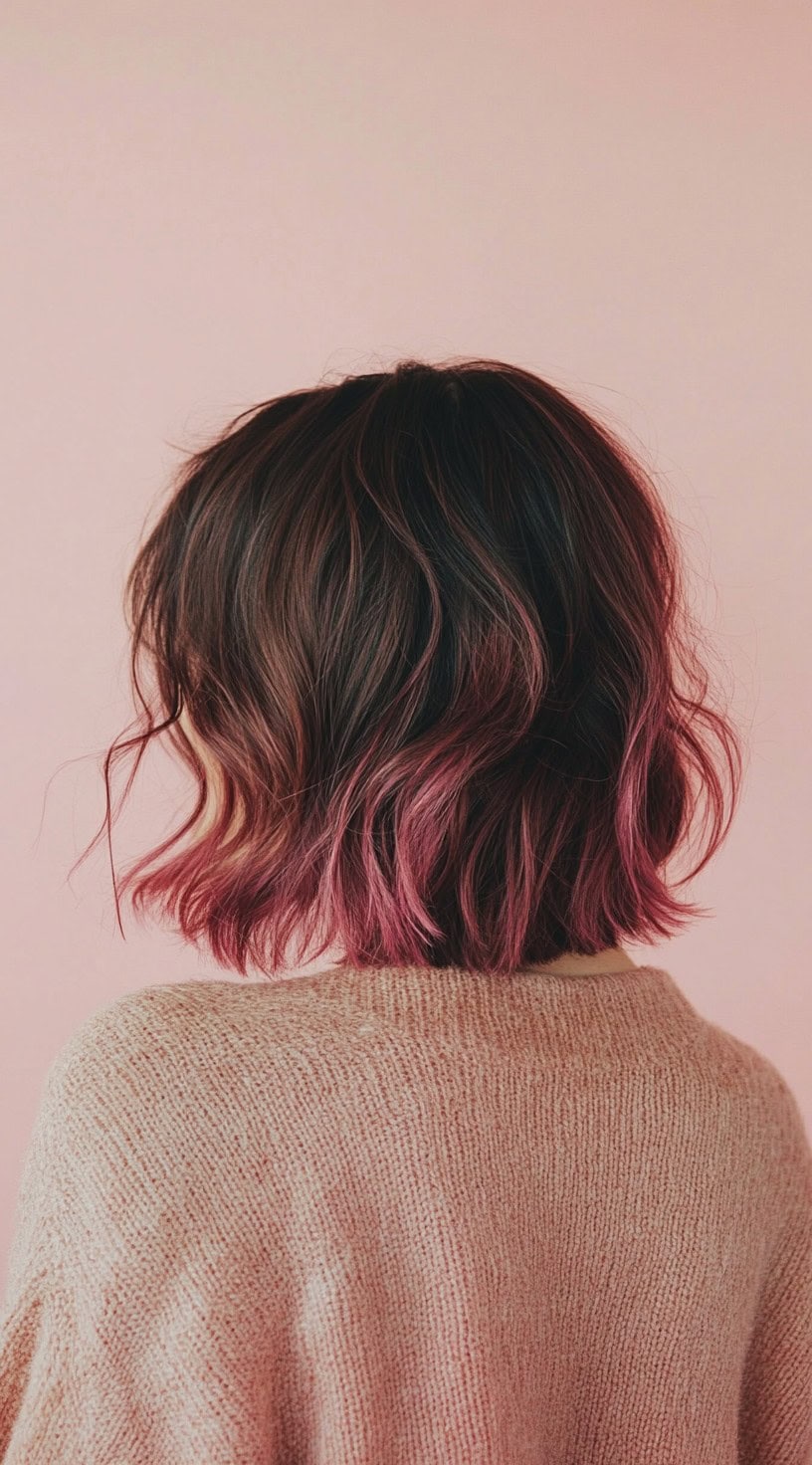 A back view of a layered bob haircut with dark brown roots fading into pink at the ends.