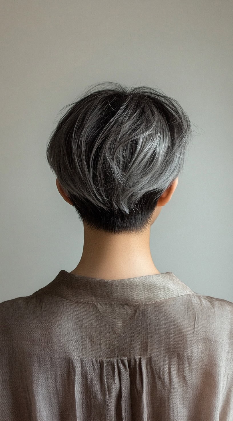 A back view of a short pixie cut with layered silver highlights blended into the dark brown base.