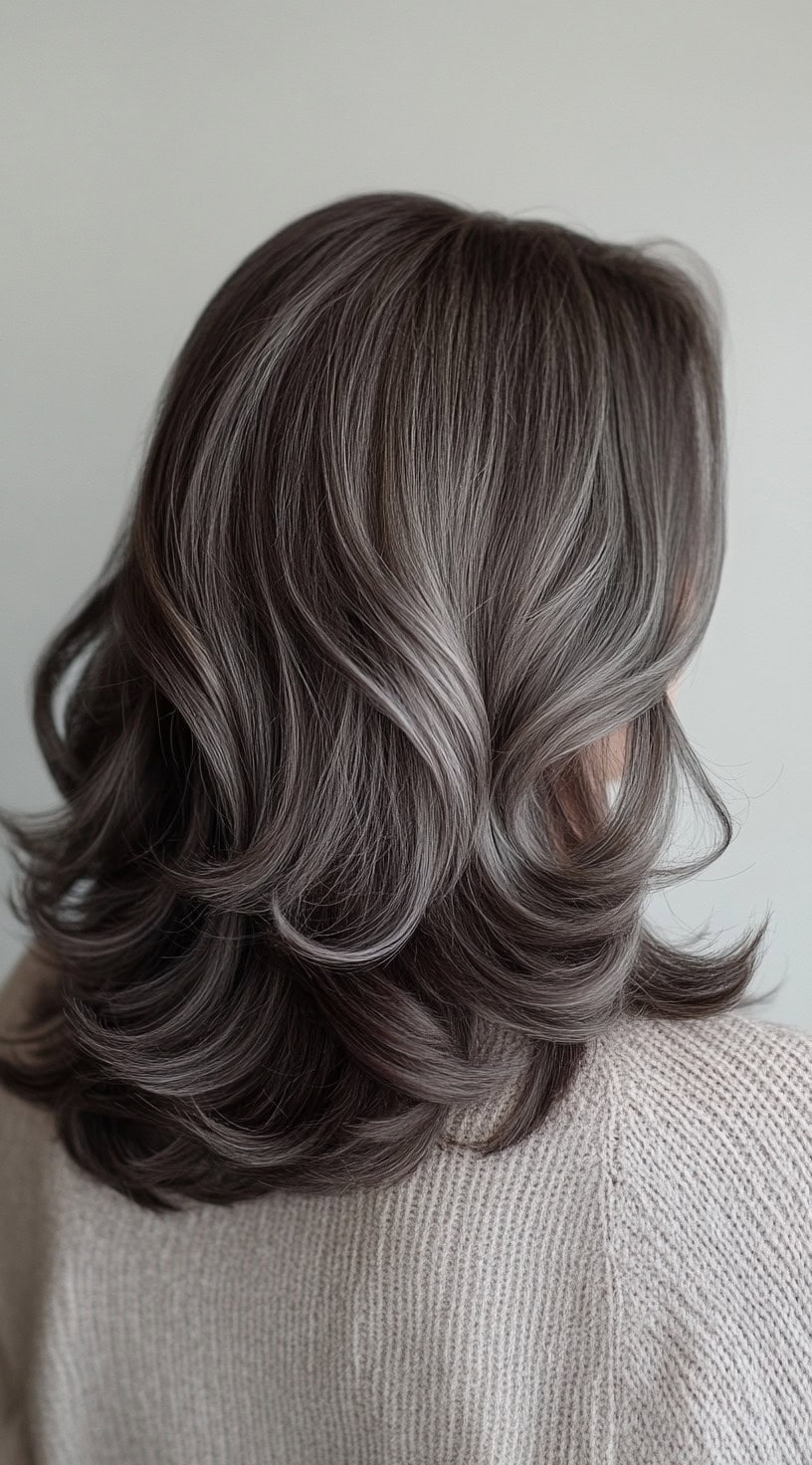 A back view of layered brown hair with soft silver highlights adding depth.