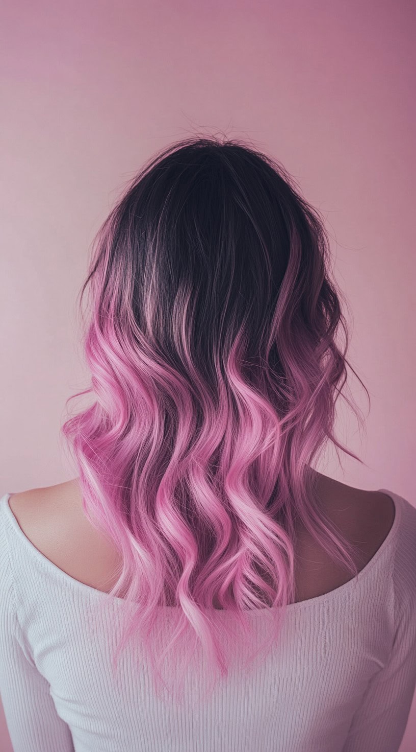 A back view of long hair with dark roots transitioning into soft, curly pink lengths.