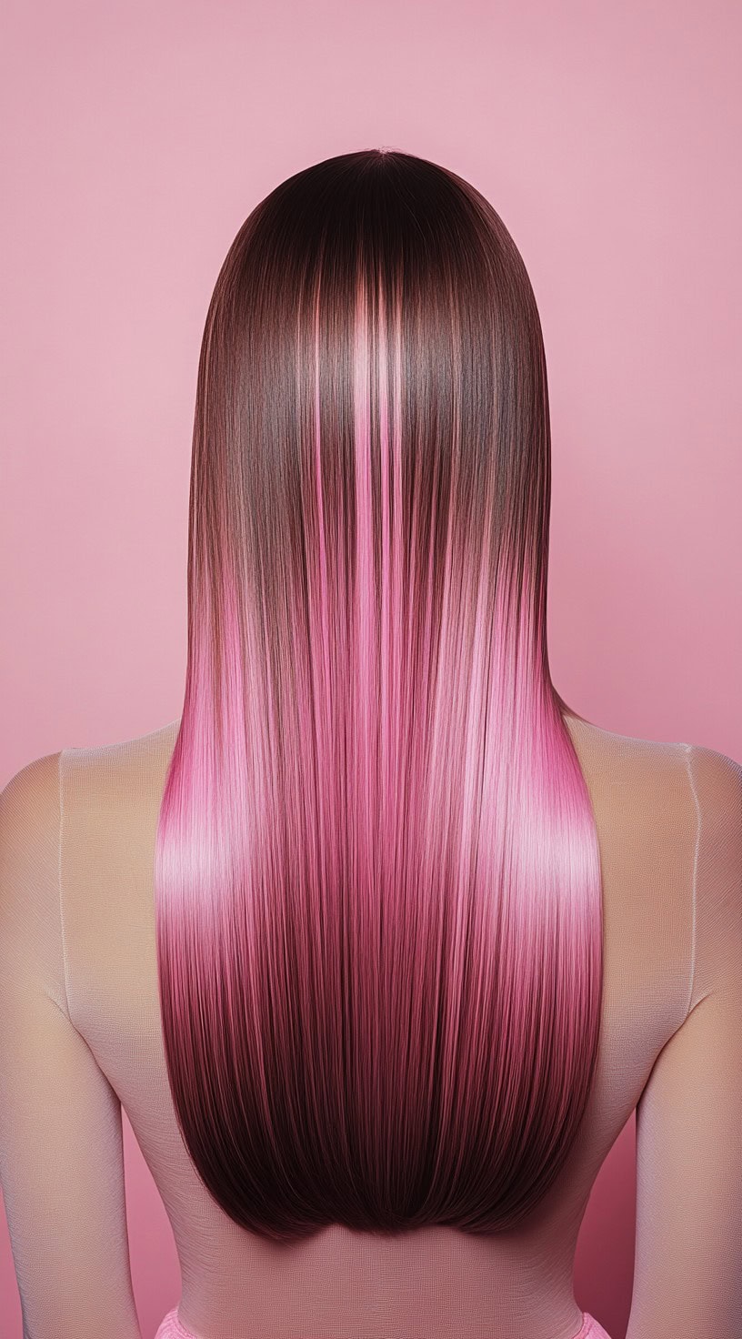 A back view of long, sleek brown hair transitioning into bright pink from mid-length to the ends.