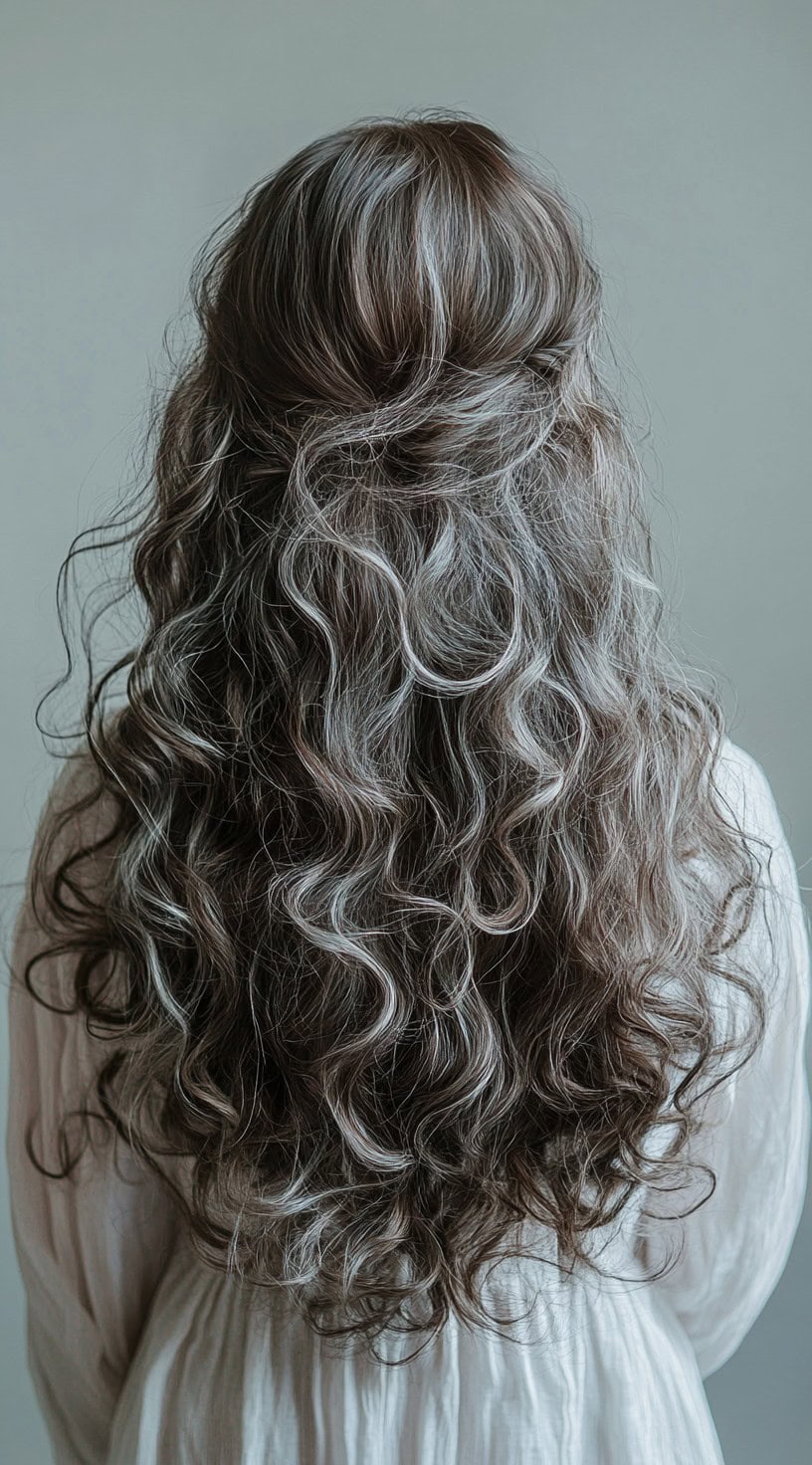 A back view of long, voluminous curls styled half-up with silver highlights throughout the brown hair.