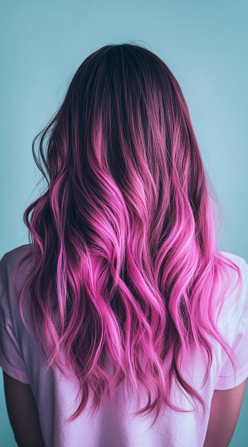 A back view of long, wavy brown hair with bold neon pink highlights throughout.