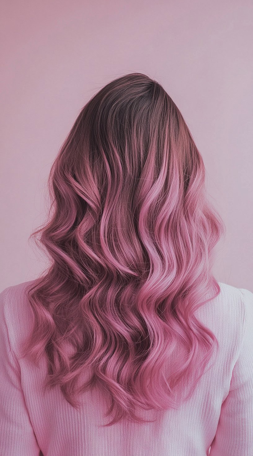 A back view of long, wavy brown hair with vibrant pink highlights throughout the layers.