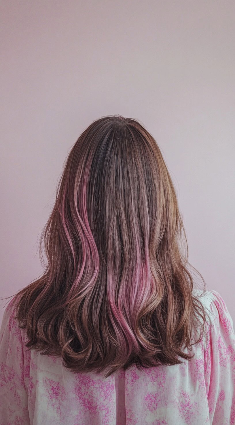 A back view of medium-length brown hair with hidden streaks of pink underneath.