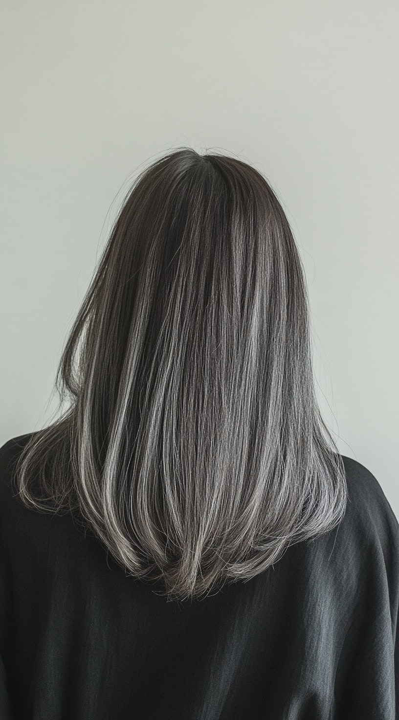 A back view of sleek brown hair with fine silver streaks adding dimension.