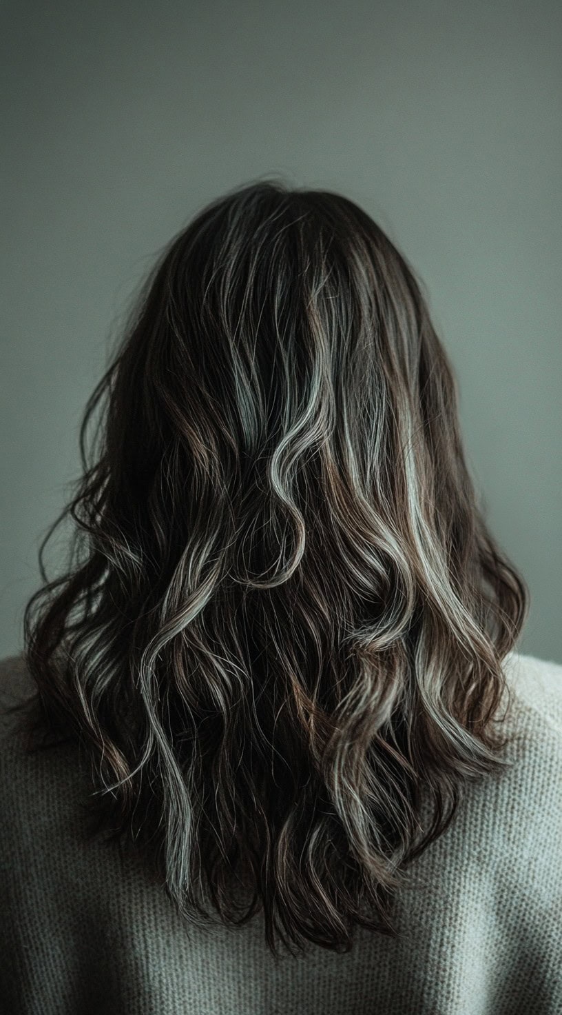 A back view of soft brown waves with silver highlights framing the hair.