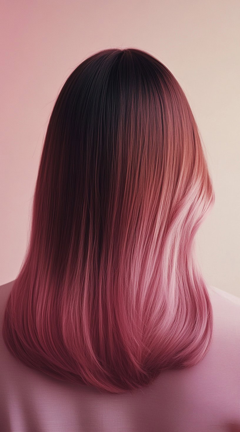 A back view of straight, sleek hair that transitions from brown at the roots to pink at the ends.