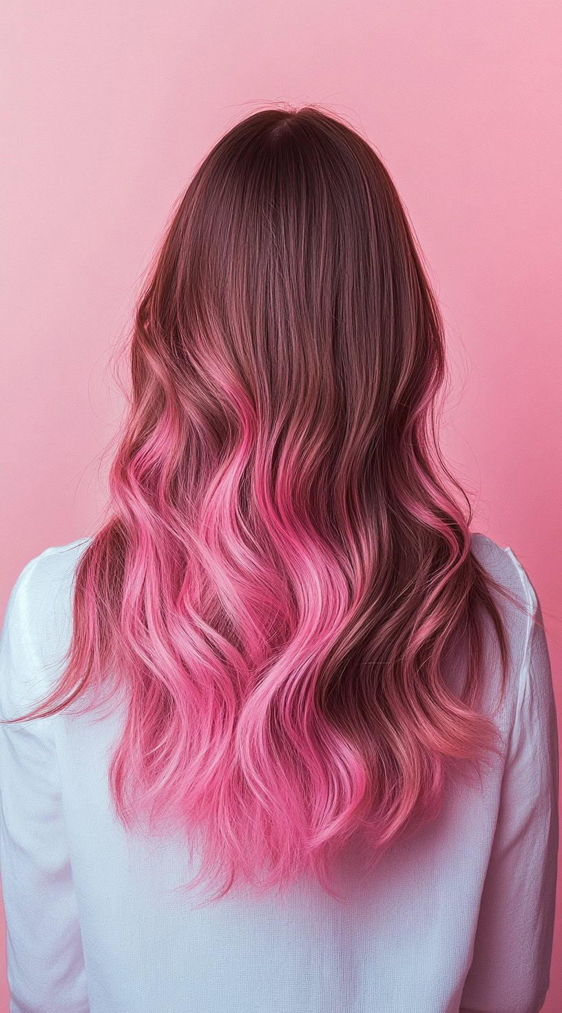 A back view of wavy brown hair transitioning to bright pink at the ends.