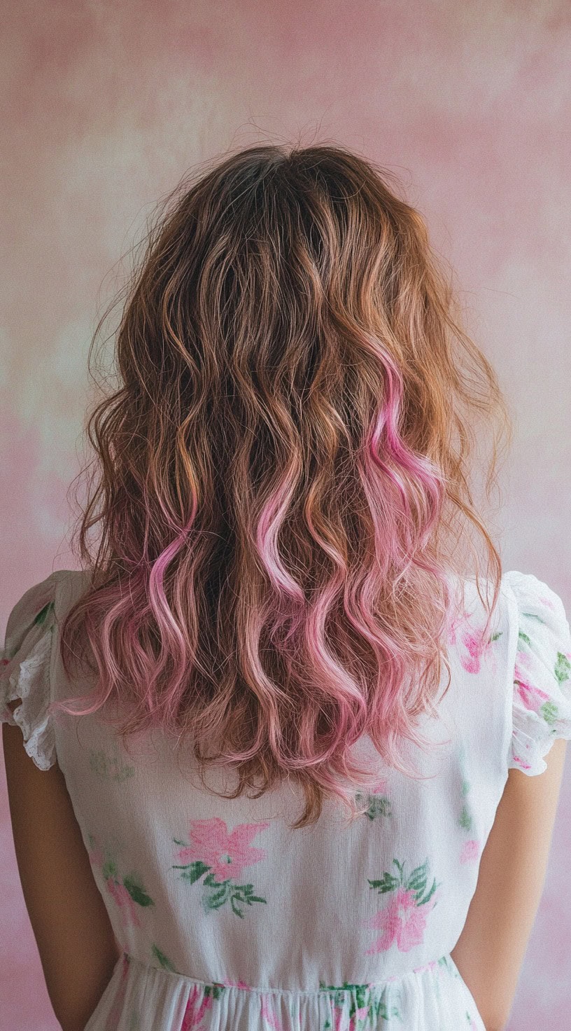 A back view of wavy brown hair with subtle pink highlights running through the lengths.