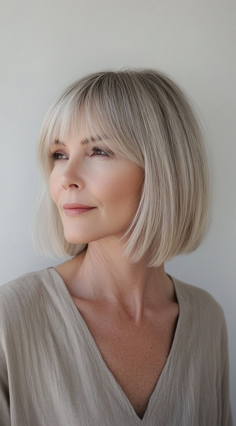 A blonde woman with a classic blunt bob, cut to a uniform length with subtle bangs.