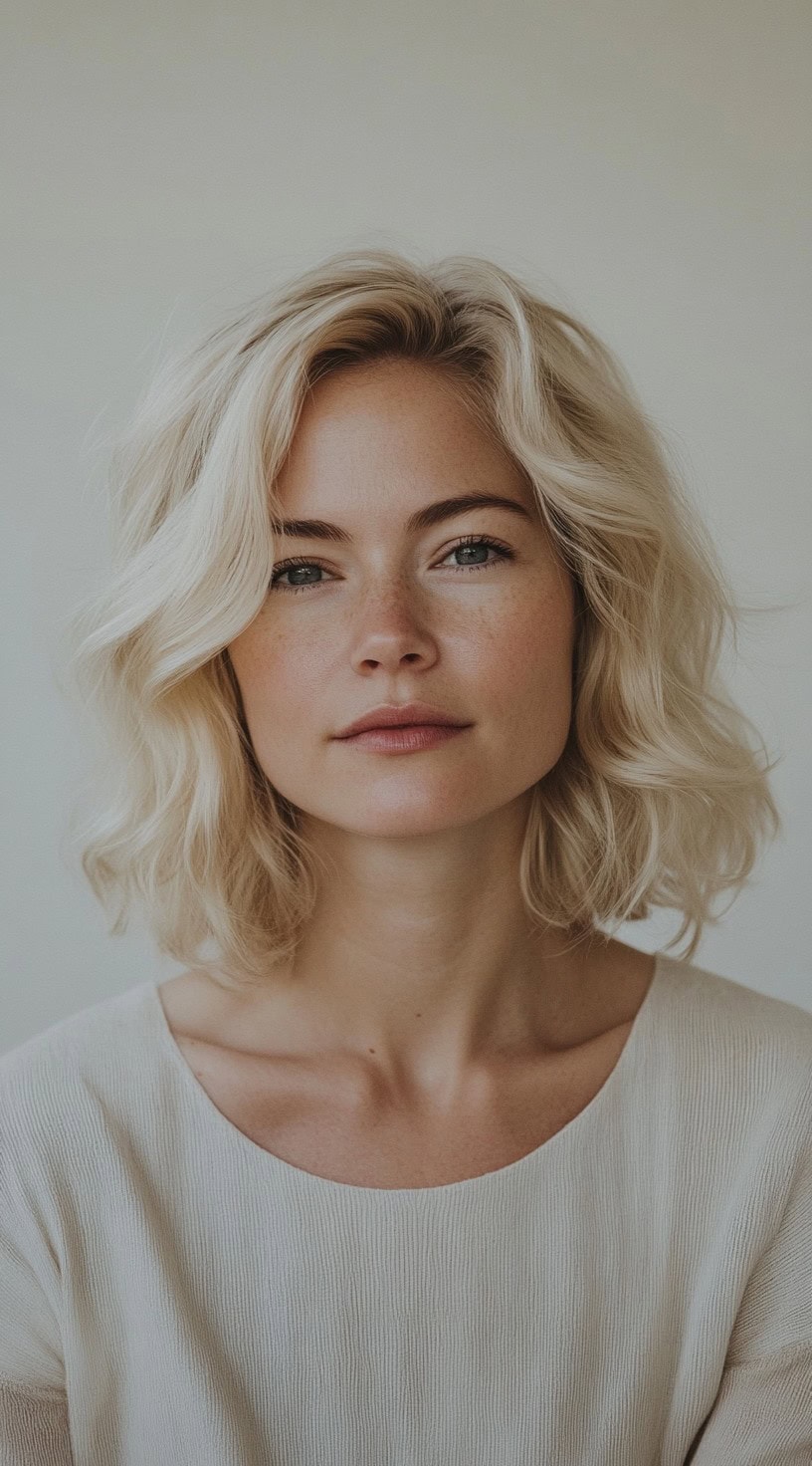 A blonde woman with a loose, wavy bob and natural makeup is shown.