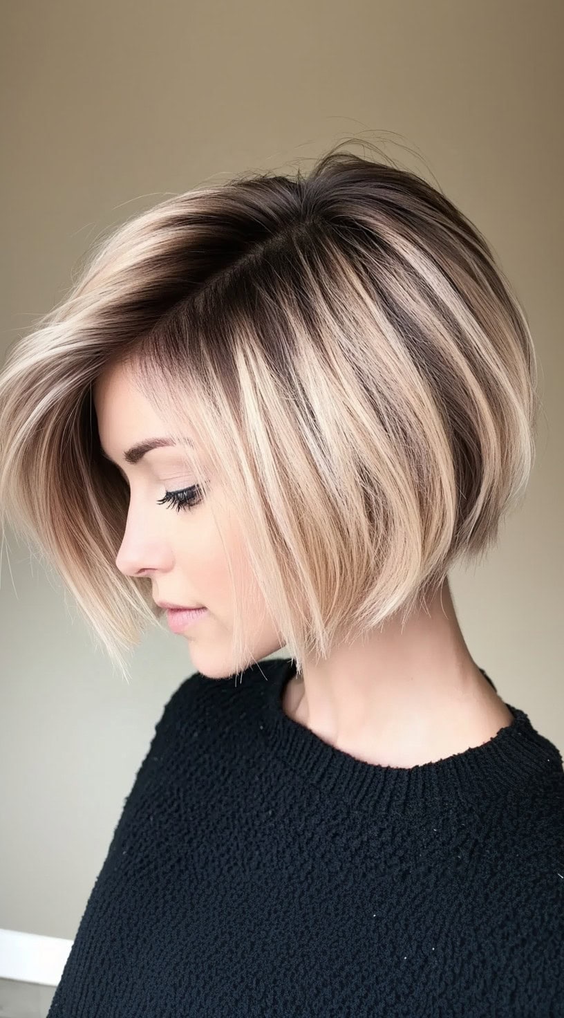 A blonde woman with a sleek, angled bob that highlights subtle layers and a side part.