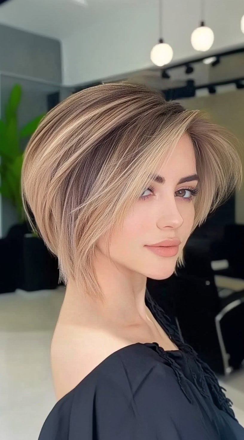 A blonde woman with a sleek, stacked bob, featuring warm tones and a subtle side part.