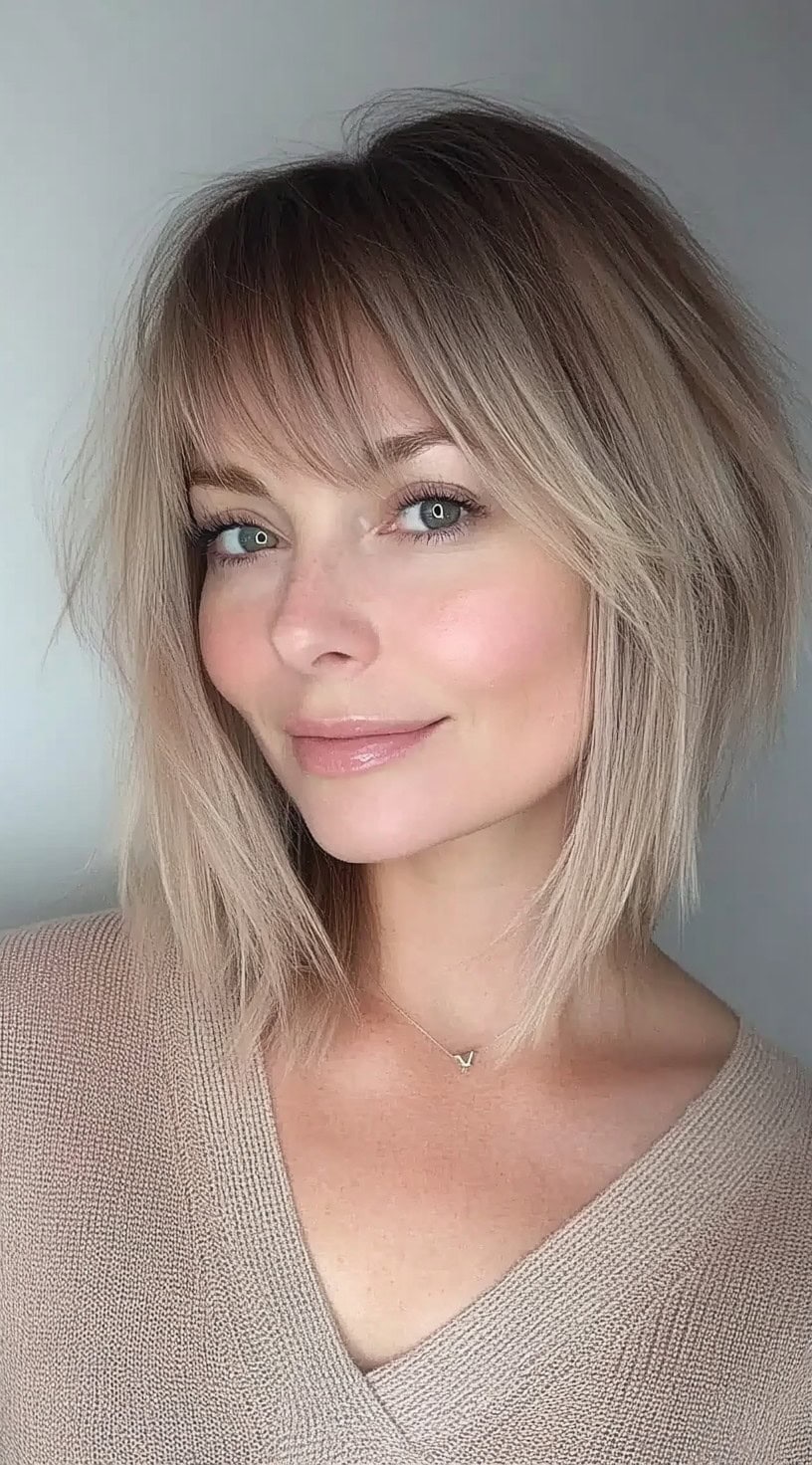 A blonde woman with a textured bob and wispy bangs, styled to frame her face softly.