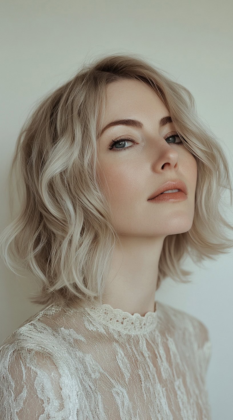 A blonde woman with soft, wavy hair in a chin-length bob, styled to frame her face naturally.