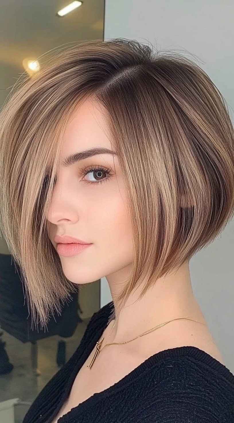 A brunette woman with an inverted bob featuring golden highlights and precise layering for volume.