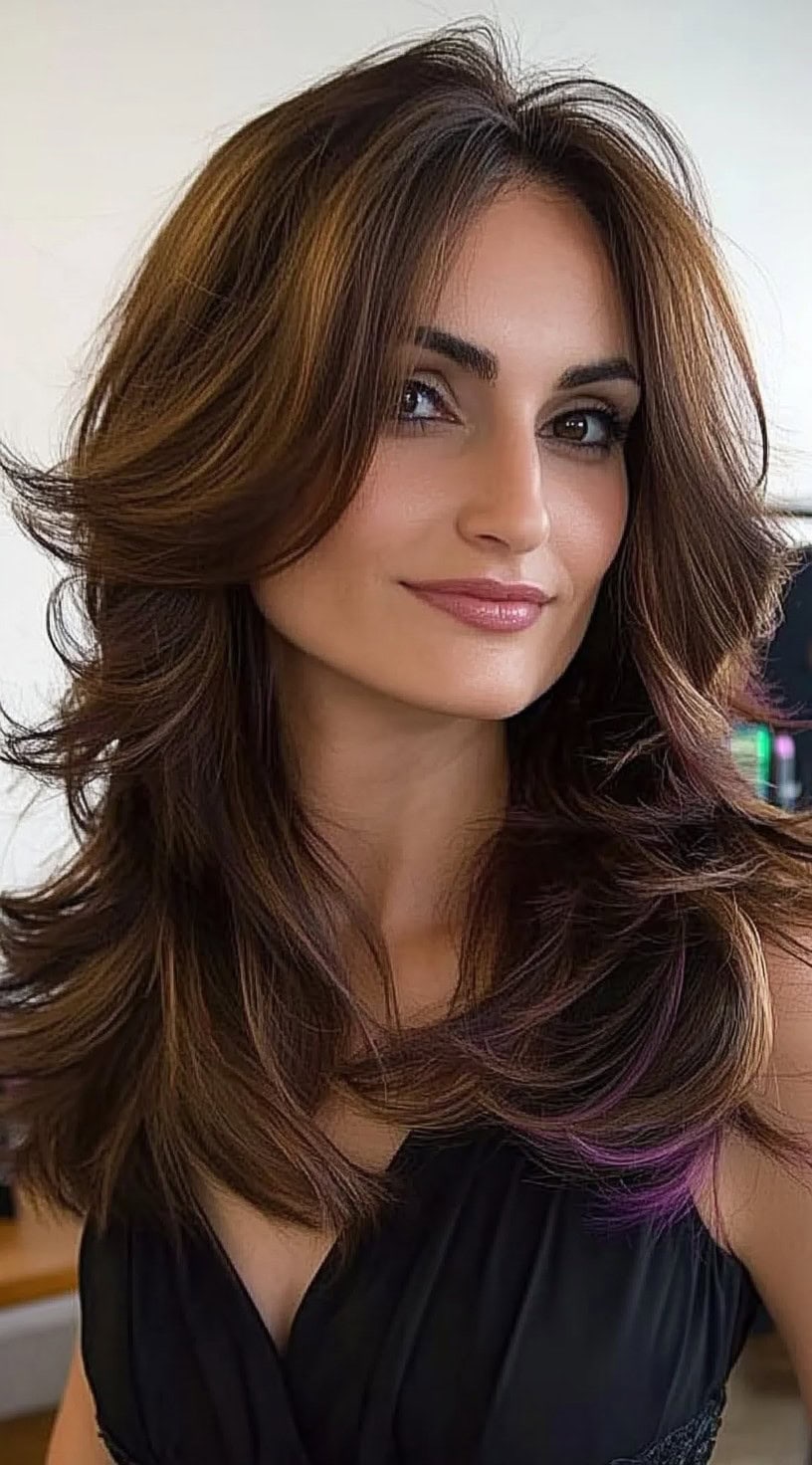 A brunette woman with long, voluminous layered waves and soft highlights, framing her face beautifully.