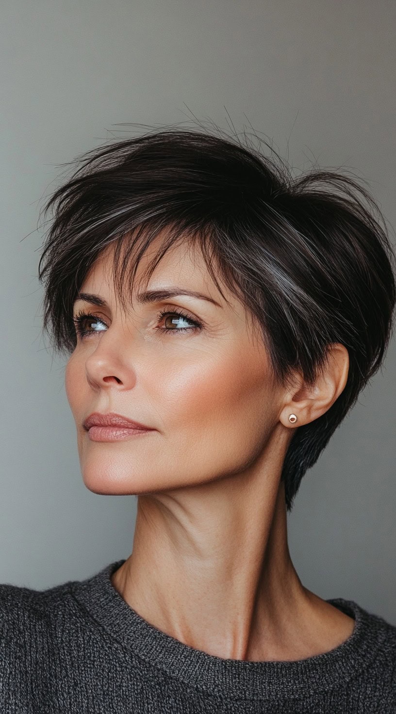 A close-up portrait of a short pixie cut with dark brown hair featuring subtle silver streaks near the bangs.