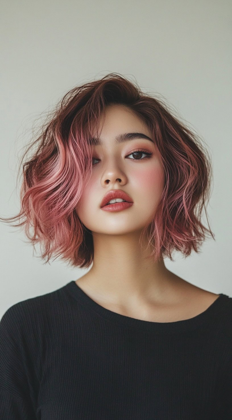 A front view of a tousled bob with pink balayage highlights blending into wavy brown hair.