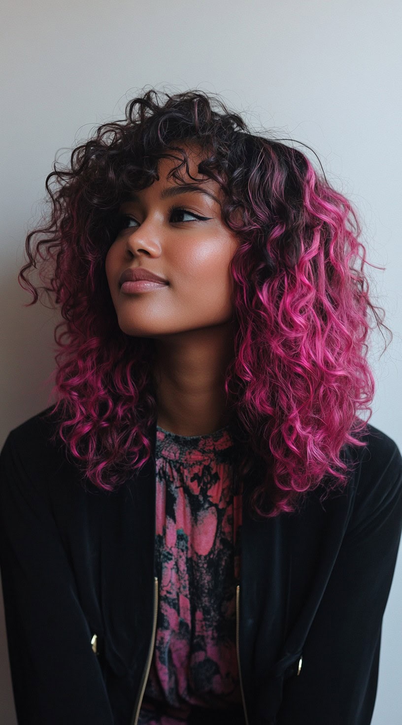 A front view of a woman with voluminous natural curls highlighted with bright pink at the tips.