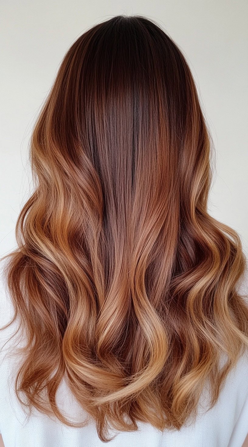 A golden honey brown balayage with light waves and a soft blend.