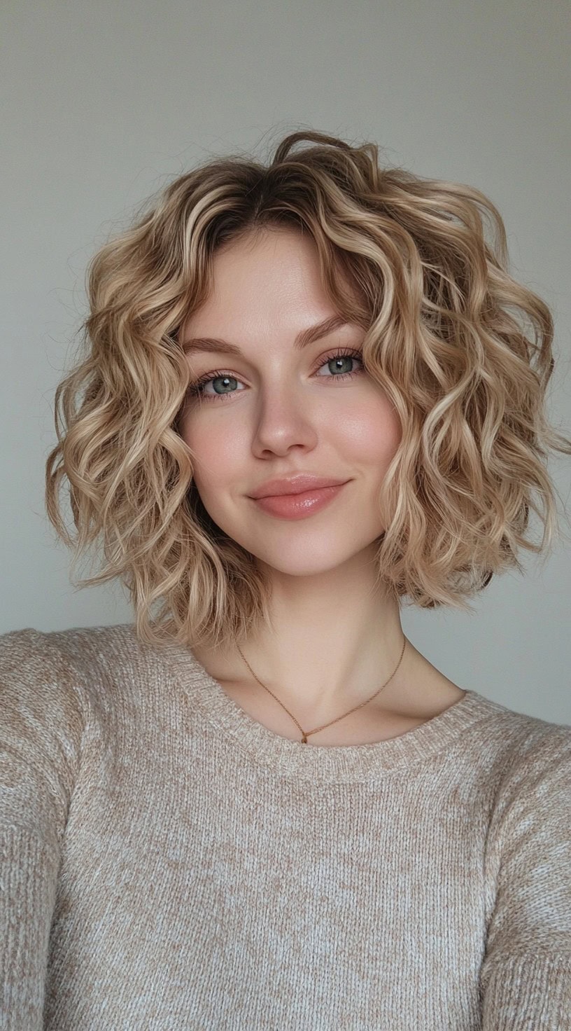 A head full of loose, natural curls in a warm blonde hue, creating a soft and approachable look.