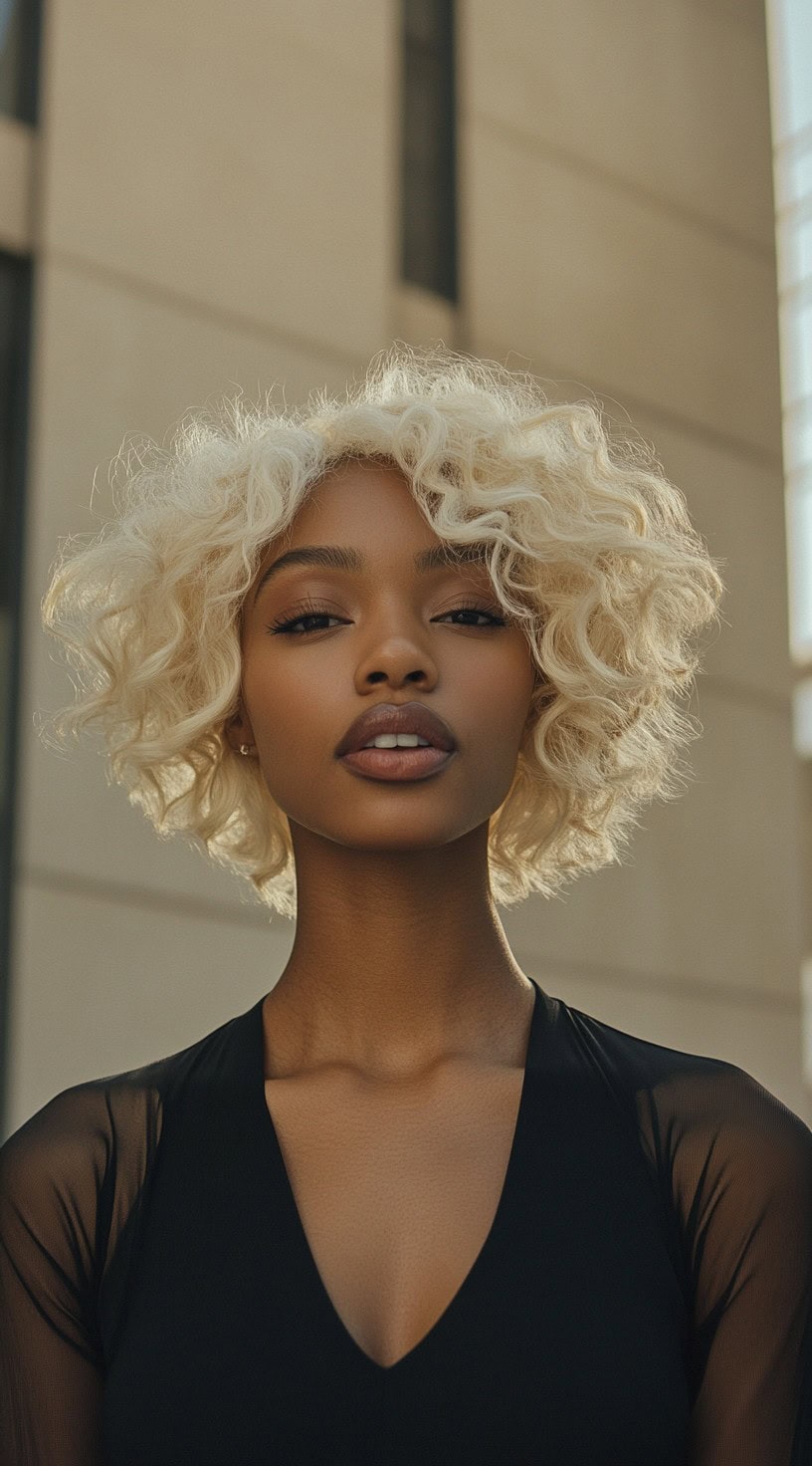 A head of voluminous, tight curls in a stunning platinum blonde shade, creating a striking contrast against deeper skin tones.