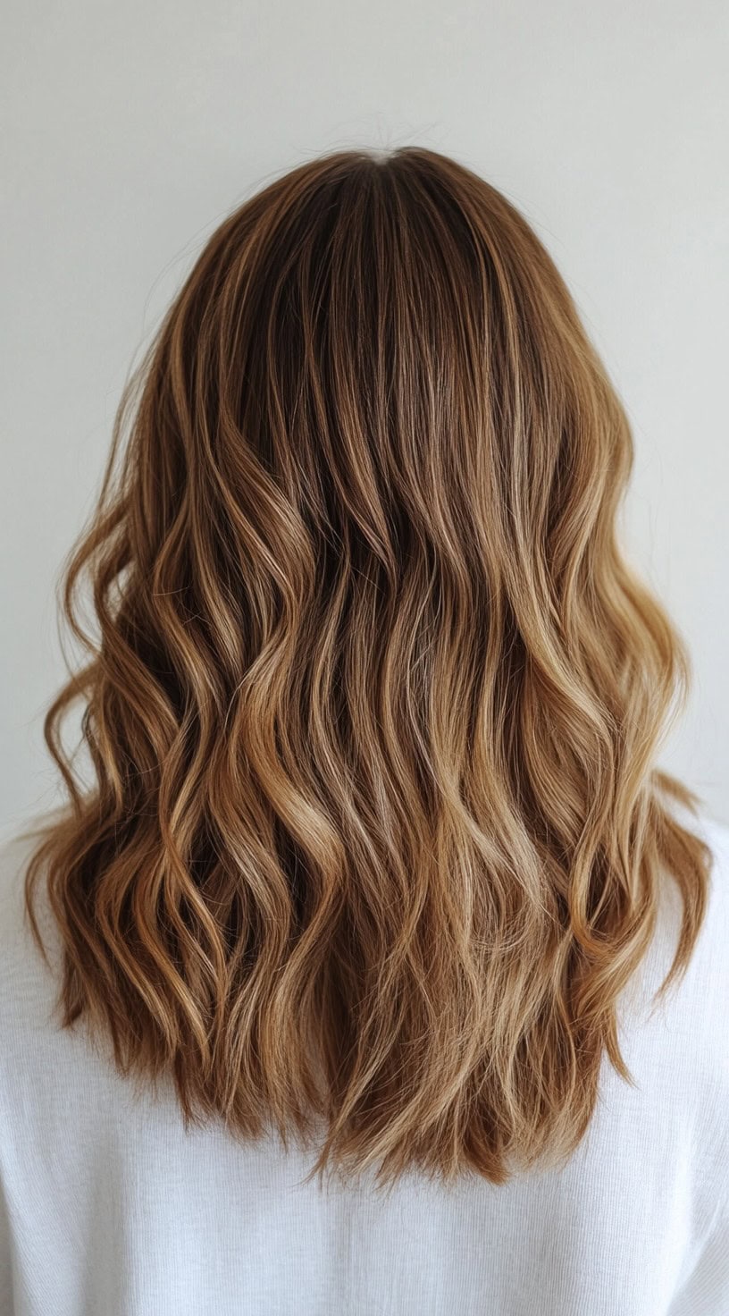 A layered honey brown balayage with soft, natural waves adding texture and depth.