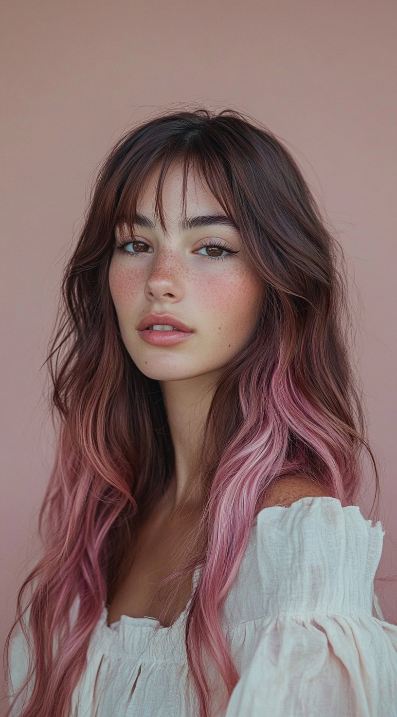 A portrait of a woman with long, wavy brown hair and pastel pink highlights running through the lengths.