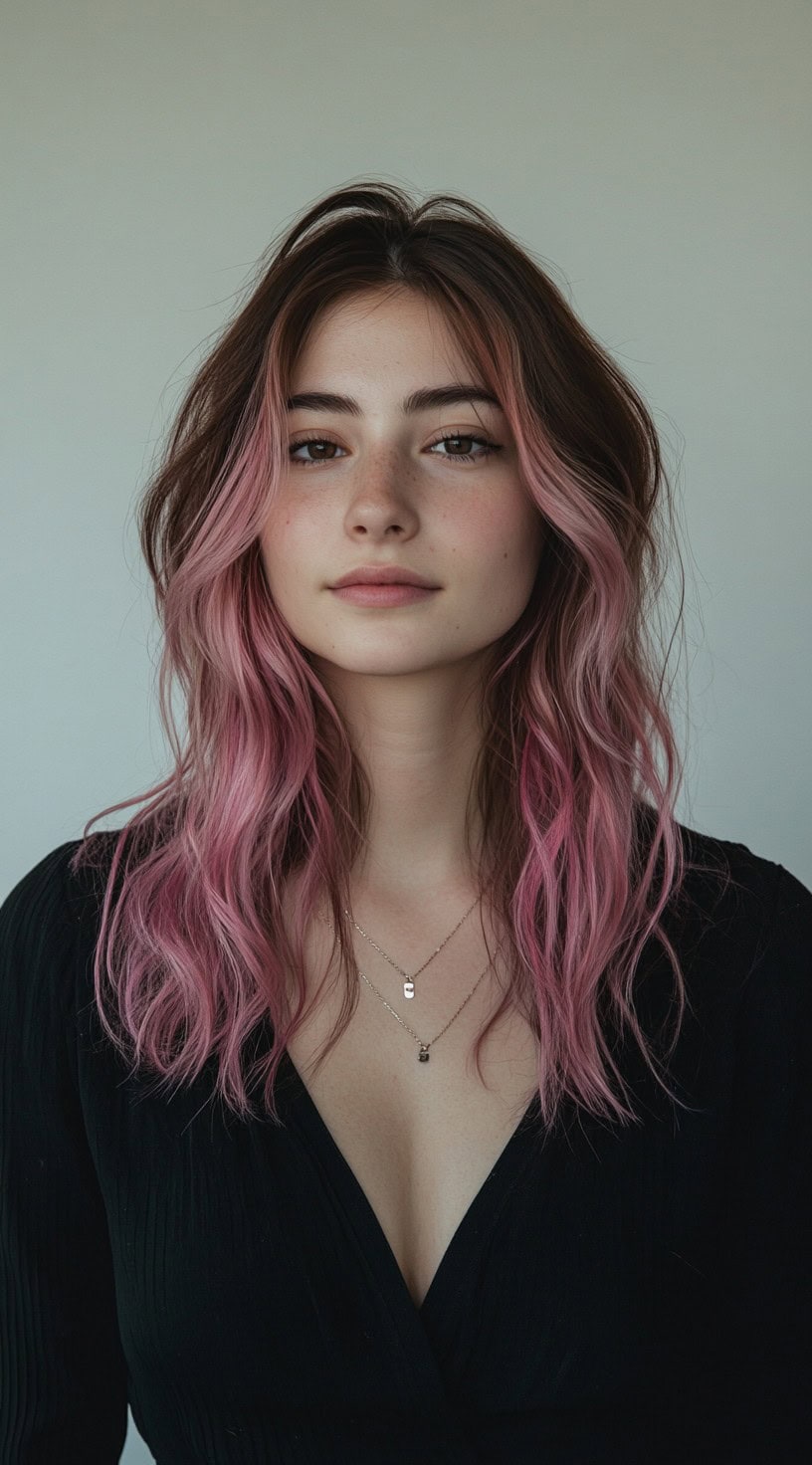 A portrait of a woman with loose wavy brown hair and soft pink highlights framing the face.