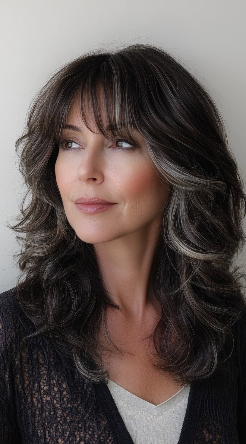 A portrait of voluminous layered brown hair with silver highlights and face-framing bangs.