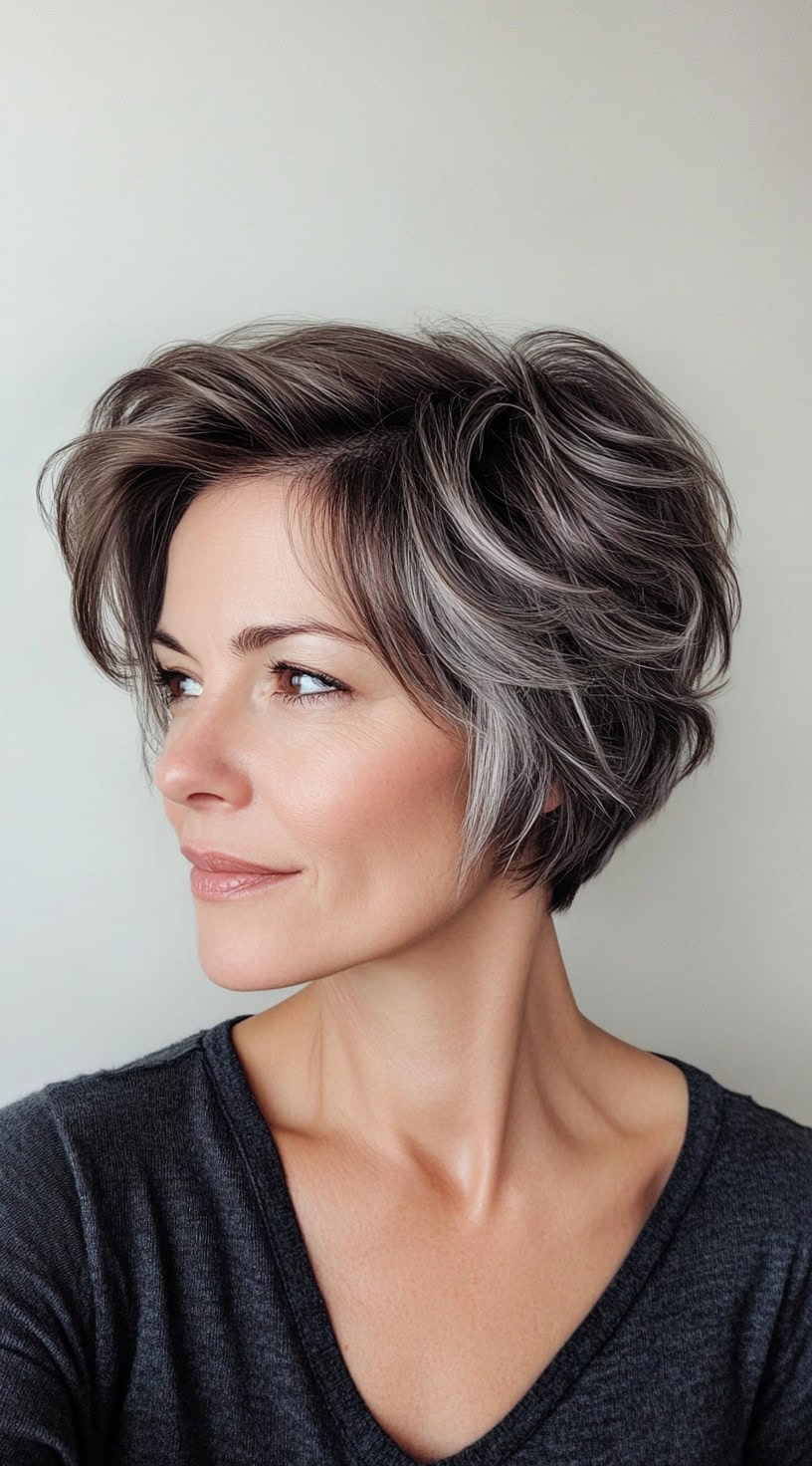 A portrait view of a layered pixie cut with silver highlights adding depth and texture.