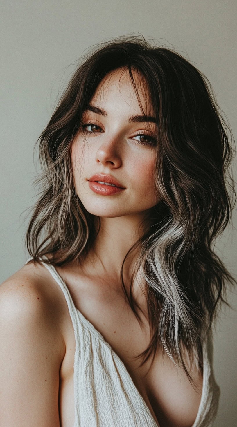 A portrait view of textured brown hair with silver highlights framing the face, adding brightness to the style.