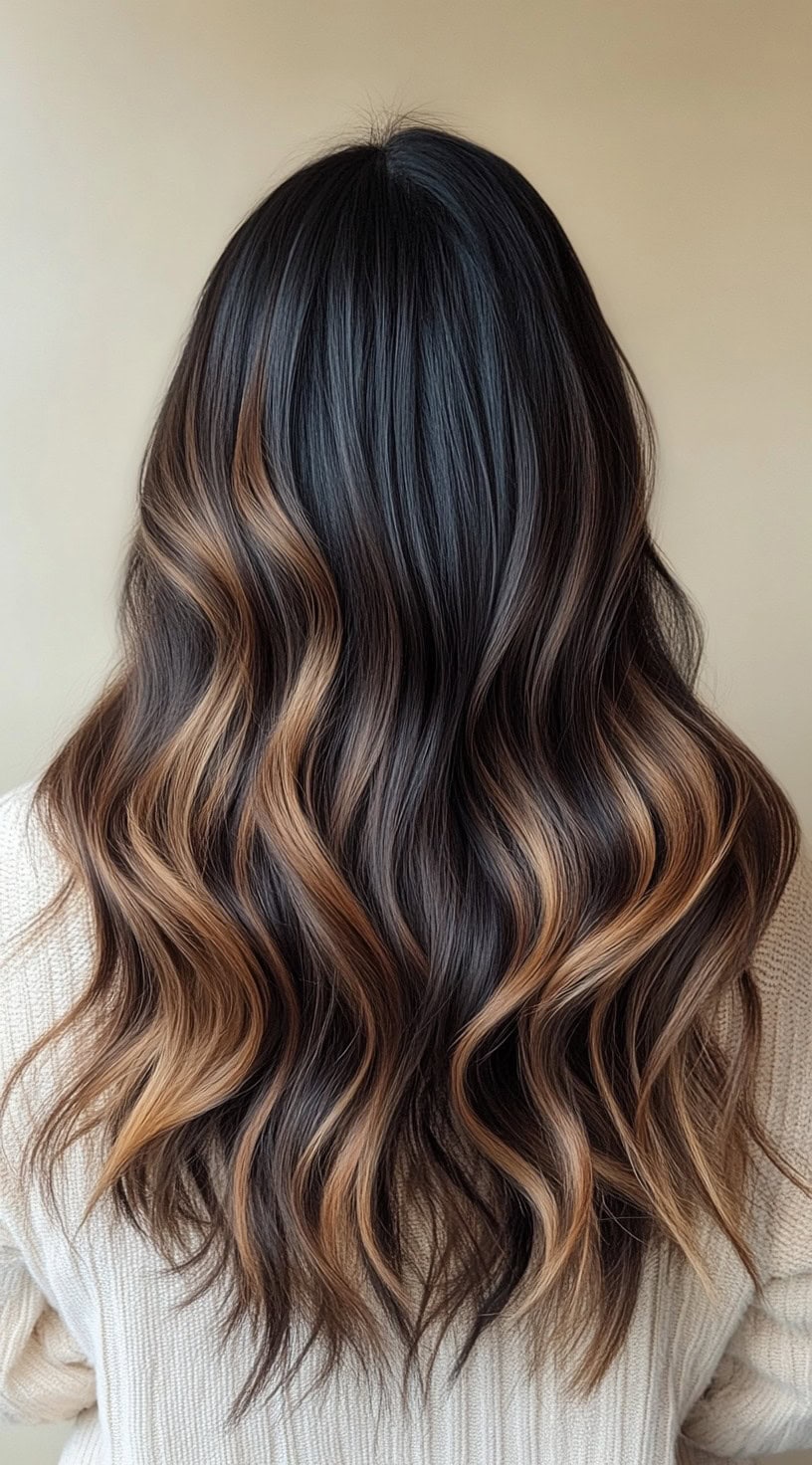 A rich honey brown balayage applied to sleek, glossy waves with dark roots.