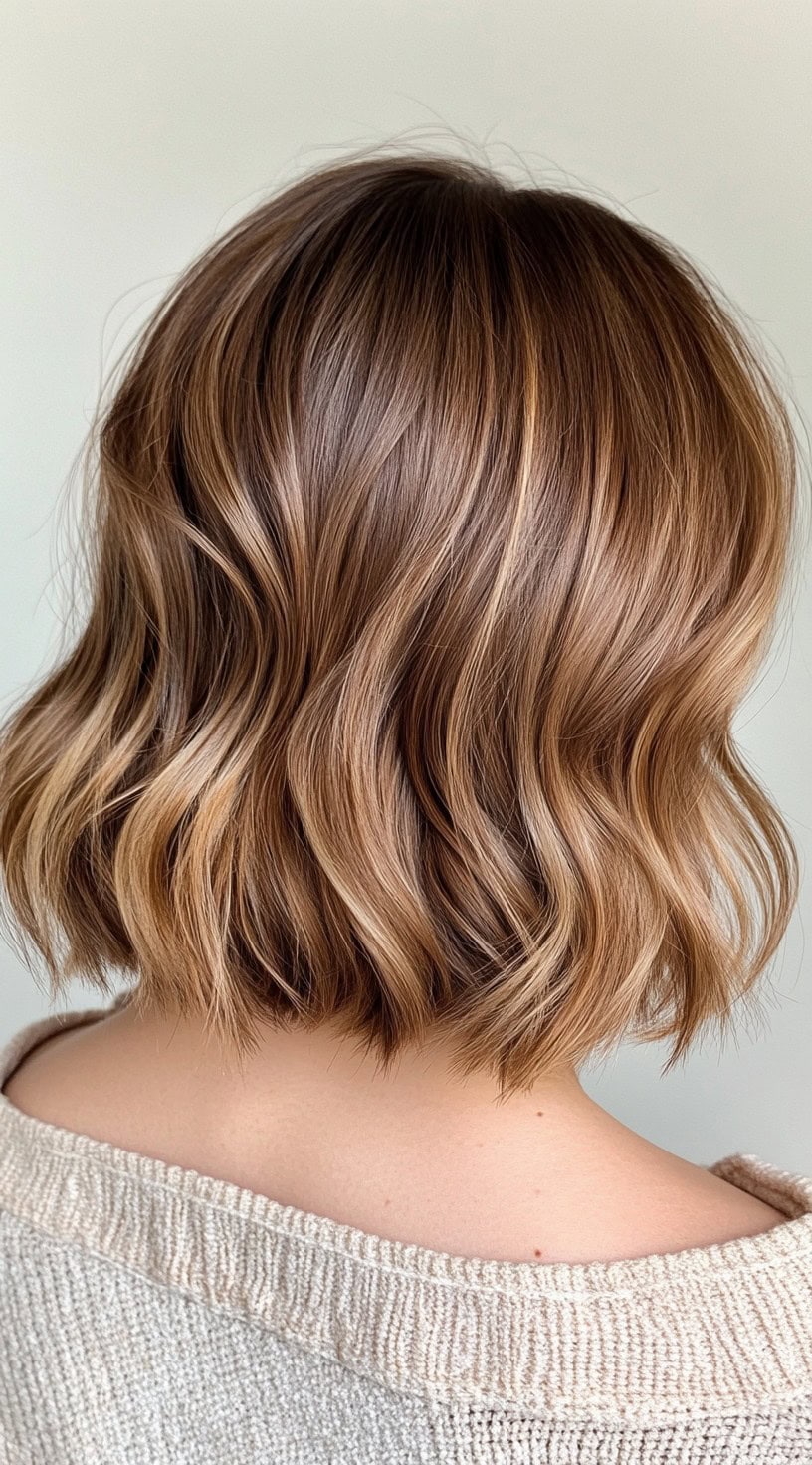 A short bob hairstyle with warm caramel tones and honey highlights running through.