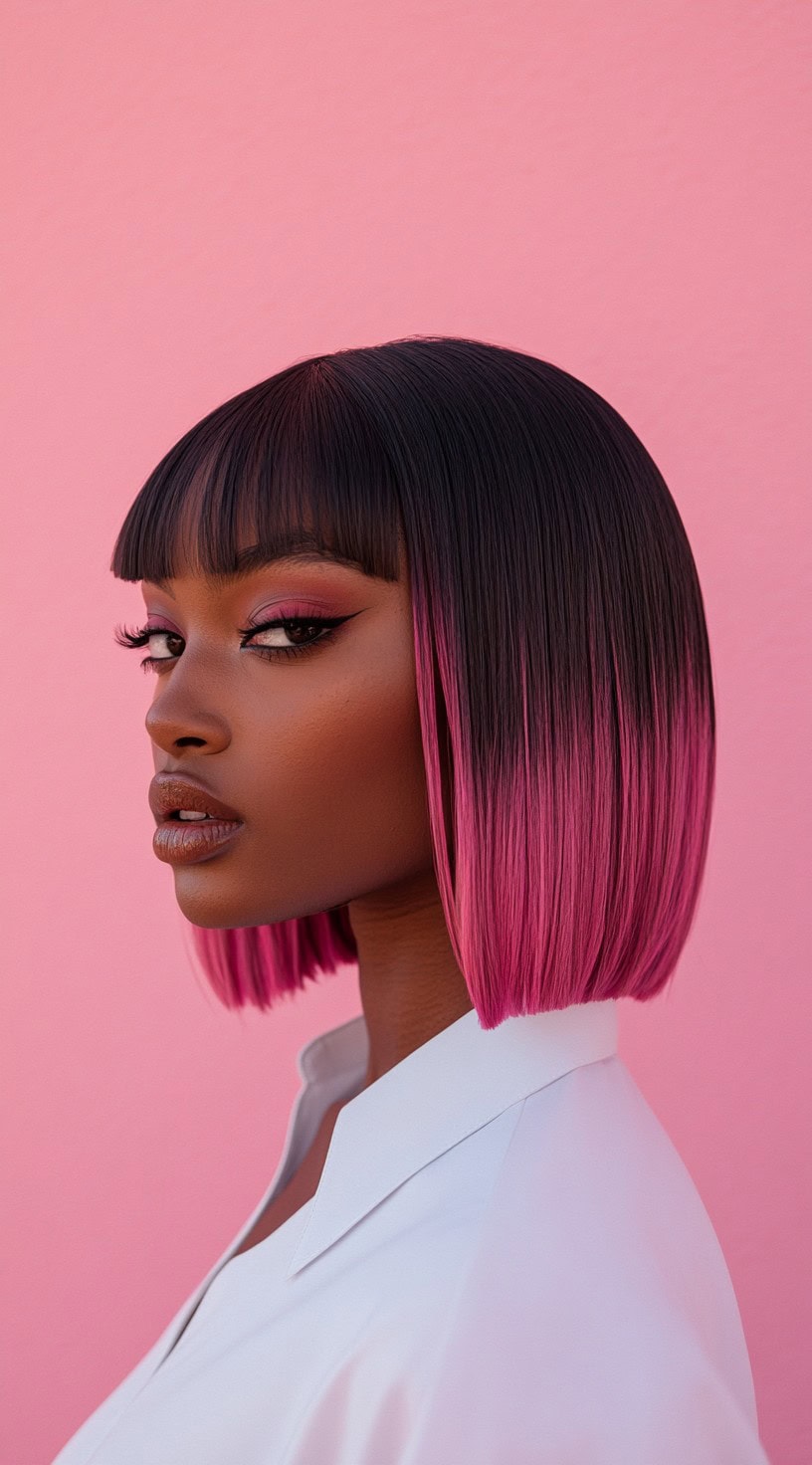 A side profile of a woman with a sleek, blunt bob that transitions from black at the roots to pink at the ends.