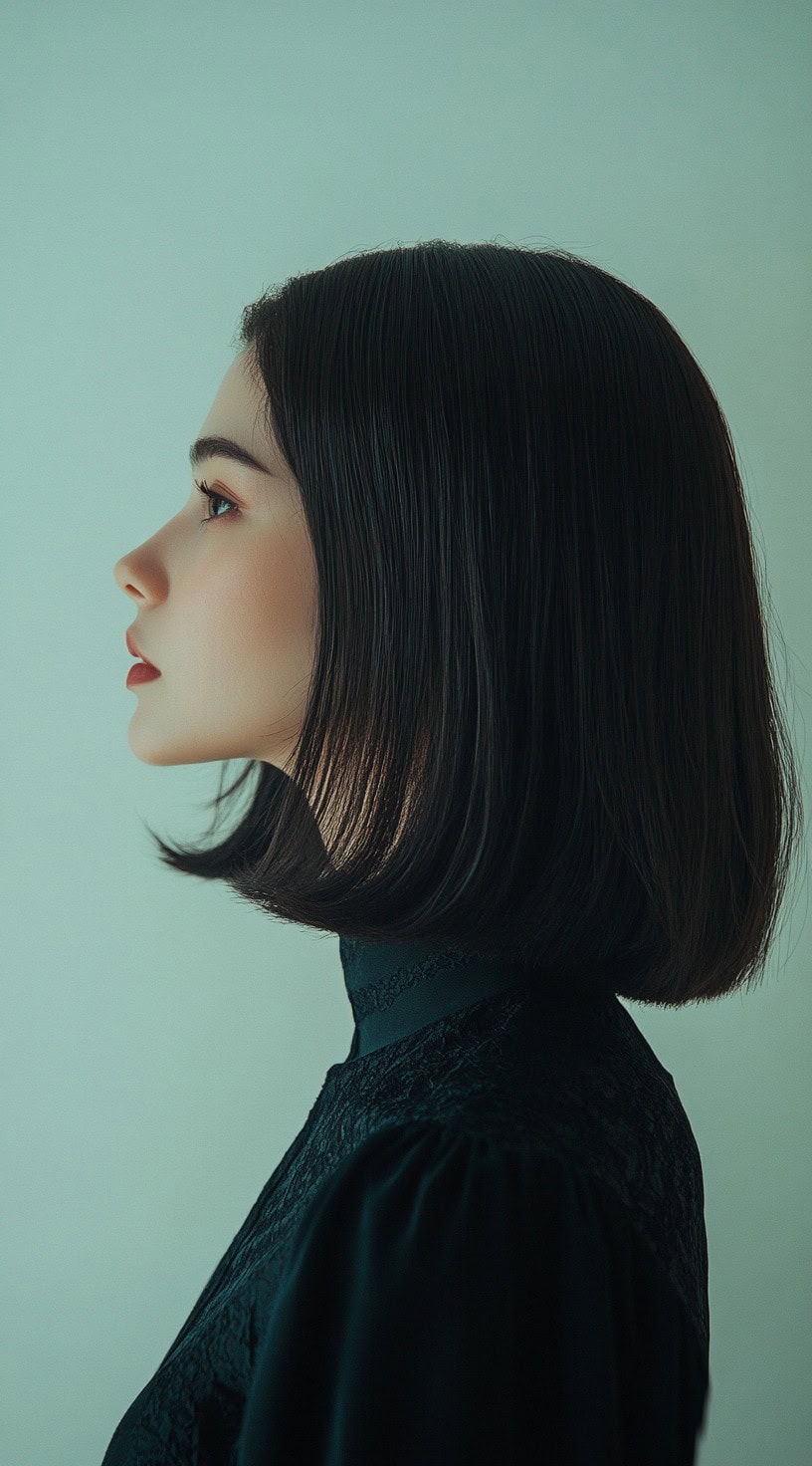 A side profile of a woman with a sleek, straight bob that skims just above the shoulders.