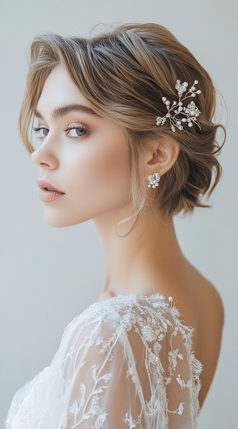 A side profile of a woman with a wavy bob hairstyle, adorned with a decorative hair pin.