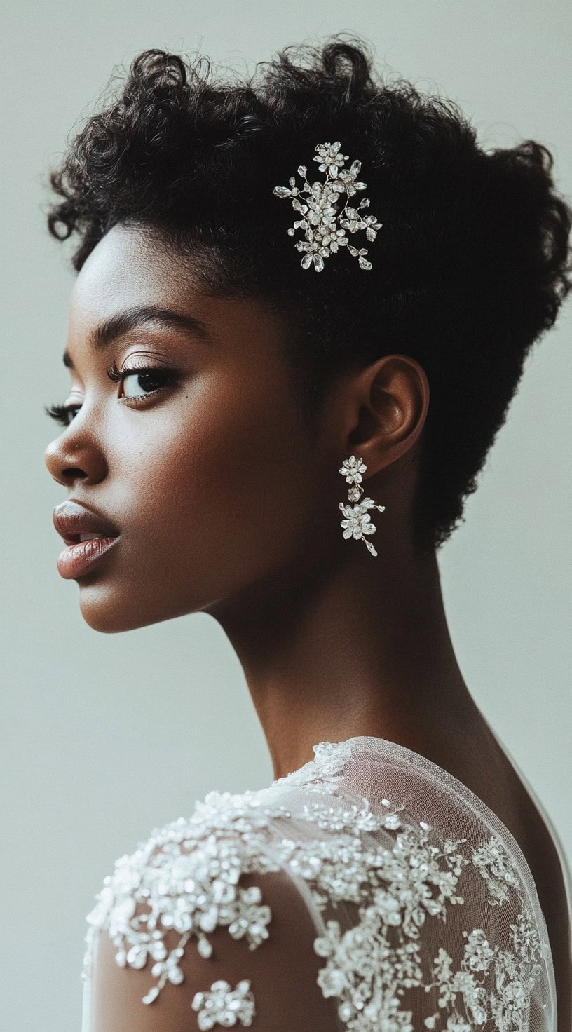 A side profile of a woman with short, natural curls adorned with a decorative hair clip.