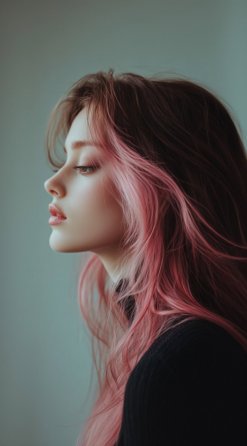 A side profile of a woman with side-swept brown hair and dusty rose highlights.