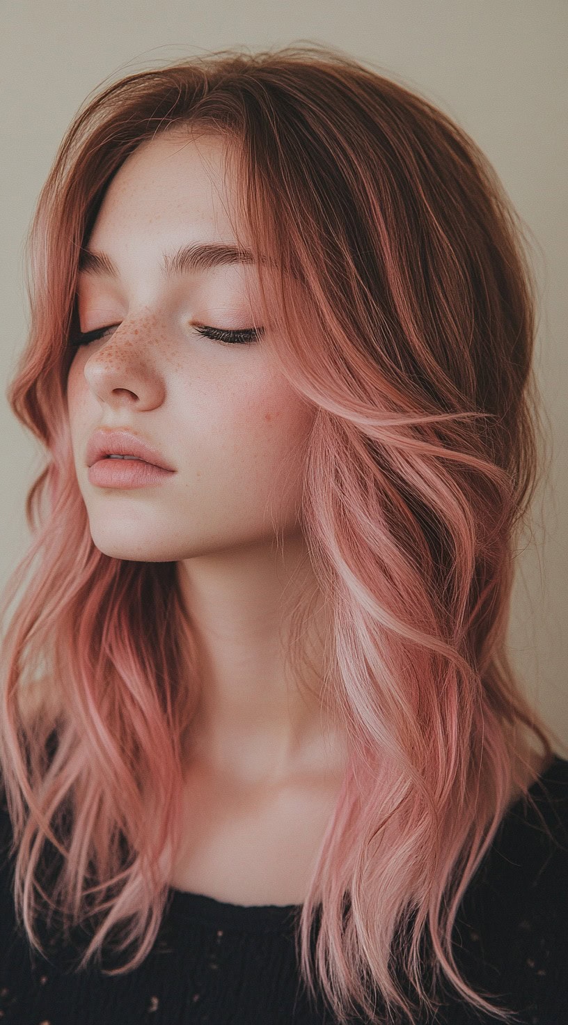 A side profile of a woman with soft face-framing layers dyed in light pink, blending with brown hair.